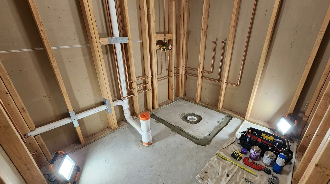 Bathroom rough-in plumbing during remodel by Johns Plumbing LLC in Barrackville