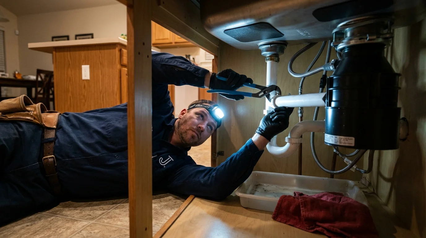 P-trap and supply line connections under a kitchen sink showing a common leak point in Barrackville, WV